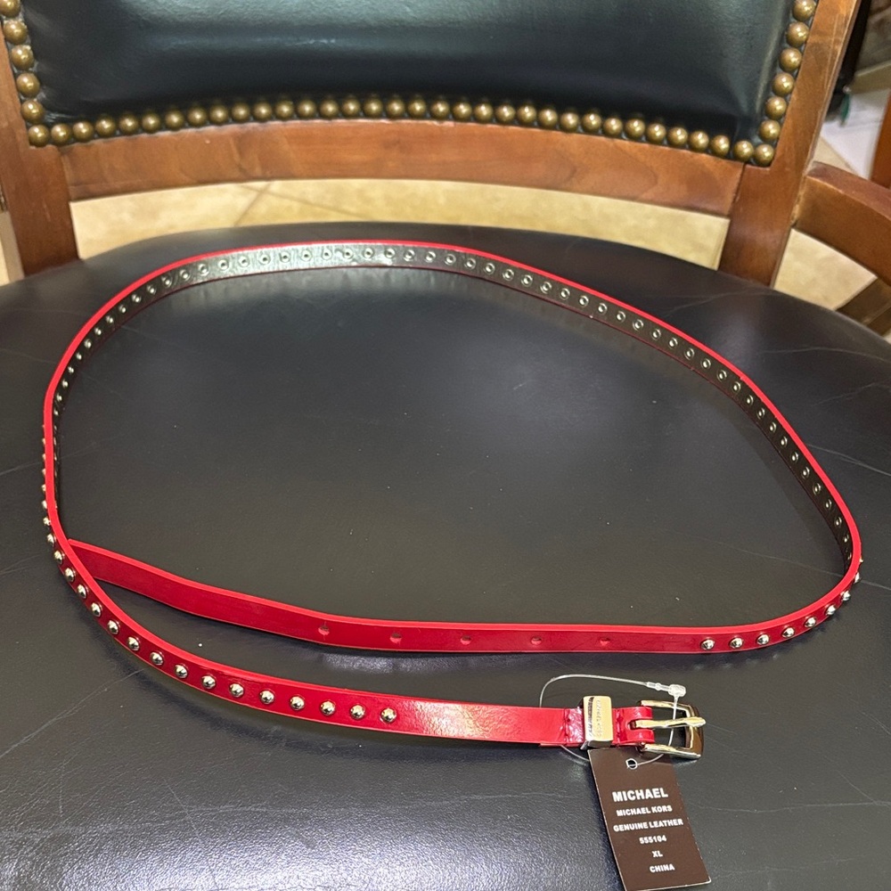 Michael Kors Red Leather Studded Belt with silver Buckle